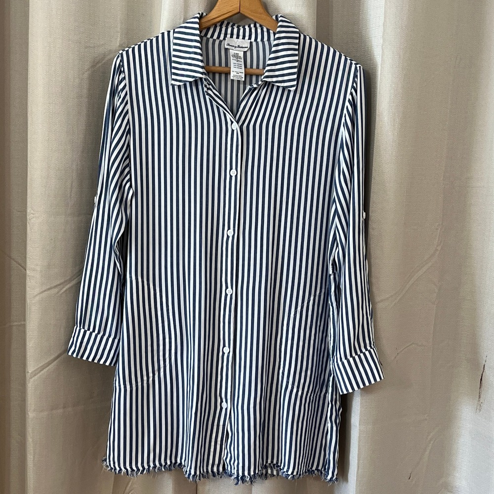 Tommy Bahama Womans Mini Shirt Dress Sz M Blue White Stripe Beach Coverup Tunic